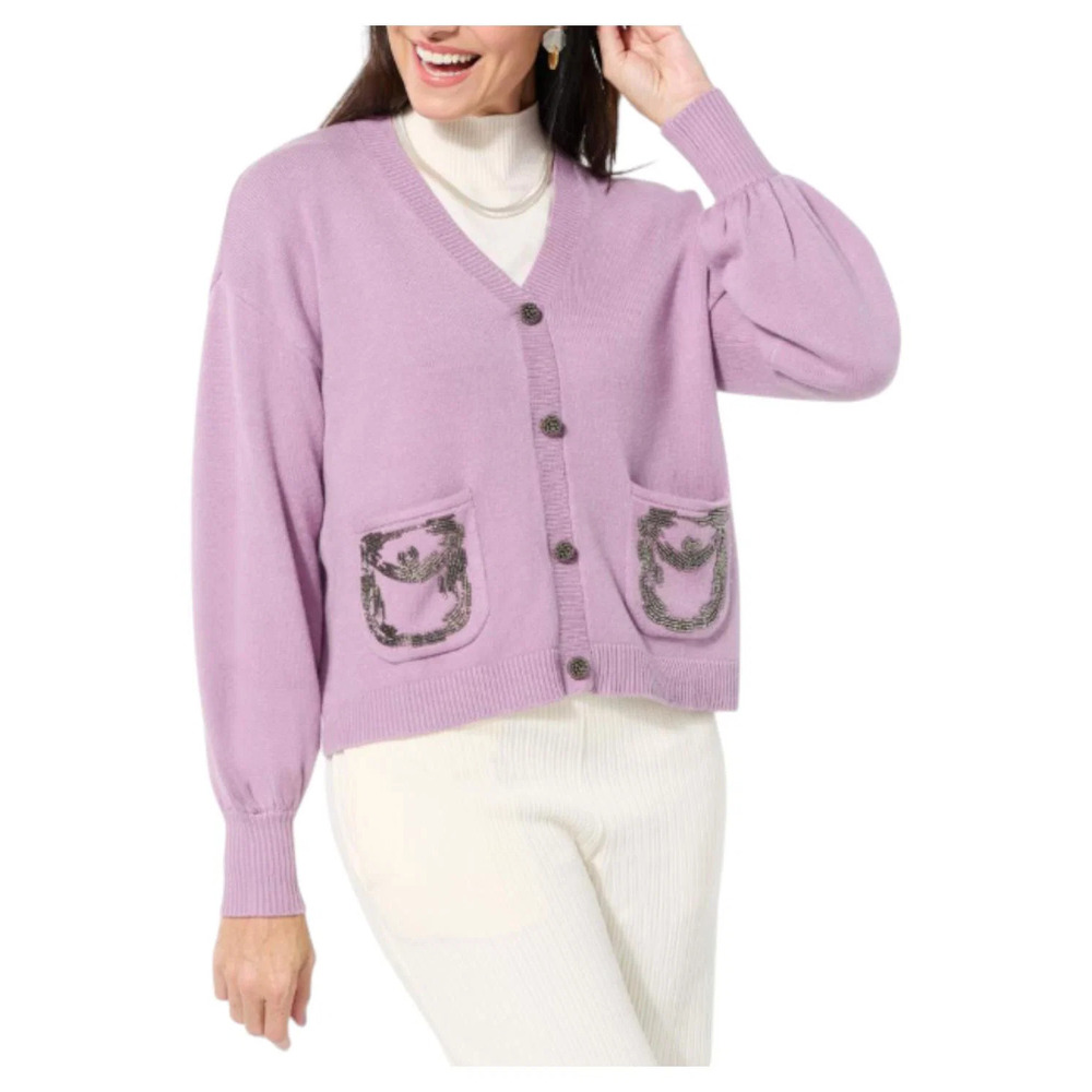 WynneCollection Women's Sweater Knit Cardigan Beaded Pockets Lavender - Regular